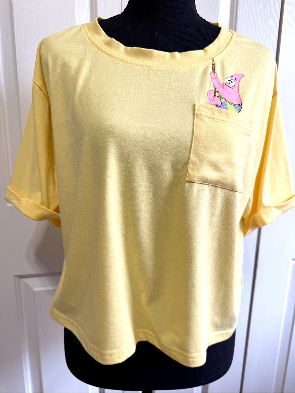 ROMWE Yellow Short Sleeve Pocket Tee with Pink Patrick Star Accent